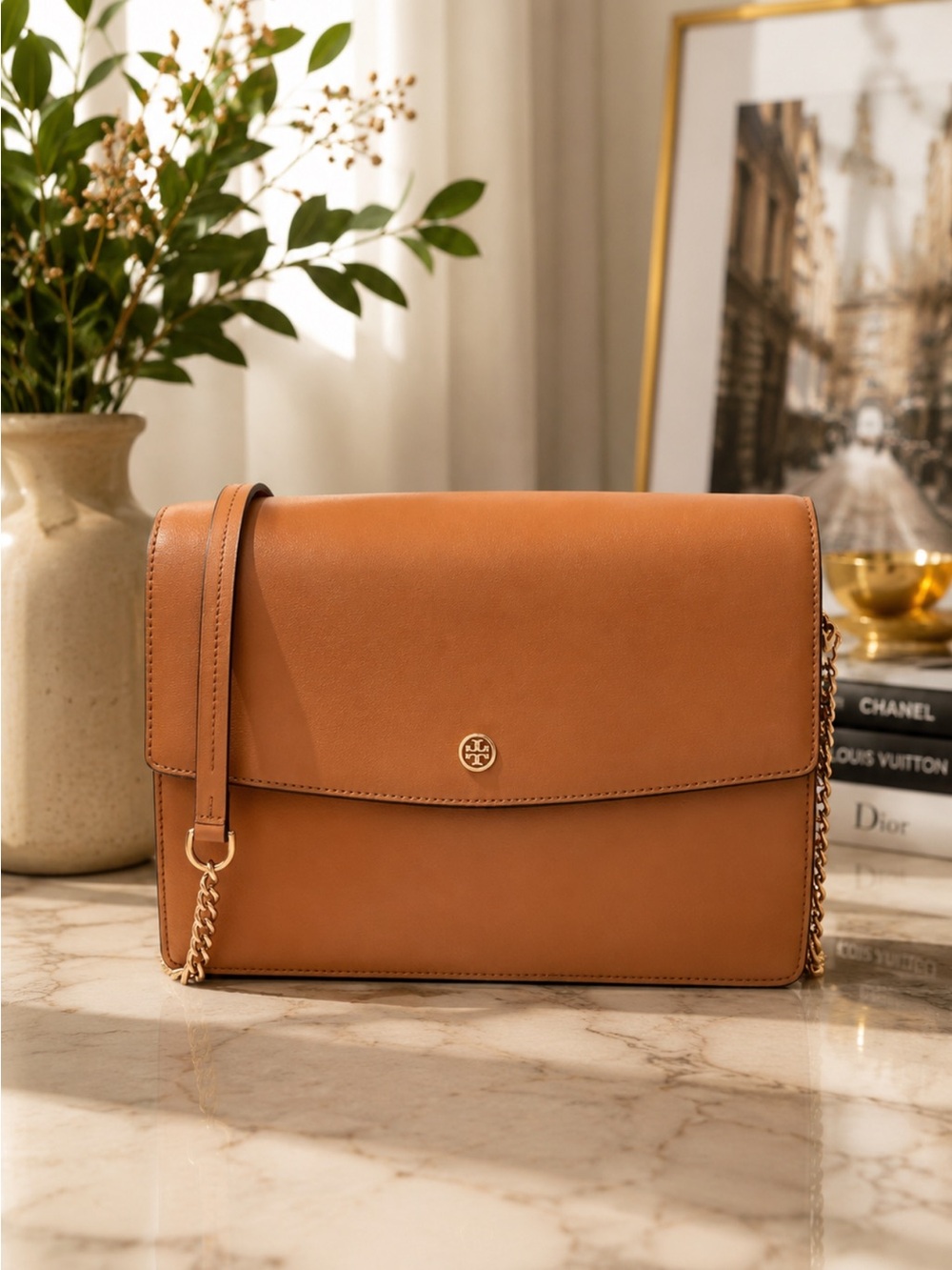 Tory Burch Parker Large Convertible Leather Shoulder Crossbody Bag Camel Gold